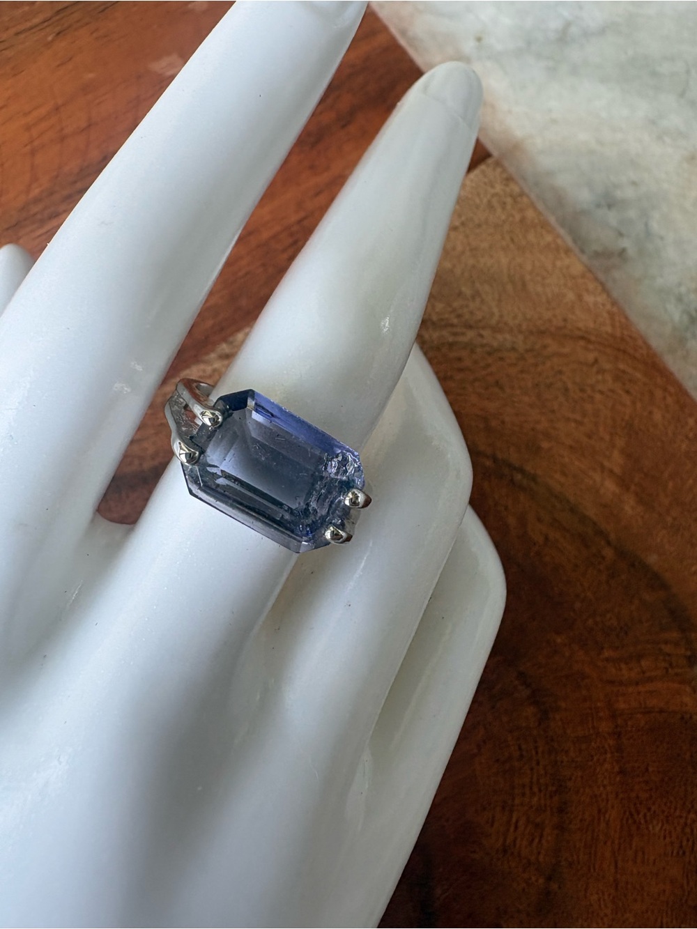 Gold Electroplated Ring with Rectangular Blue-Violet Gem - Size 7.5